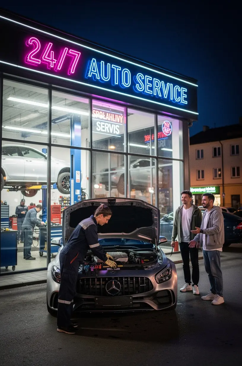 Servisný technik diagnostikuje elektronické systémy vozidla v modernom autoservise na Slovensku.